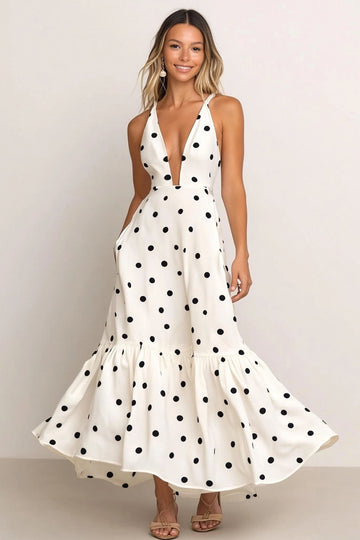 White V-Neck A Line Satin Formal Dress with Black Dots